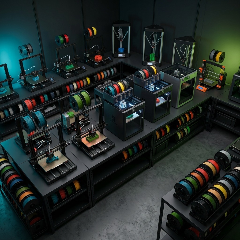 Übersicht der Werkstatt von 3D-Printworld mit mehreren 3D-Druckern